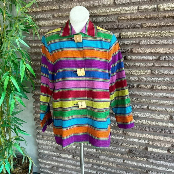 Norm Thompson Art to Wear Ethnic Serape Striped  100% Cotton Jacket Size Medium - Picture 7 of 9